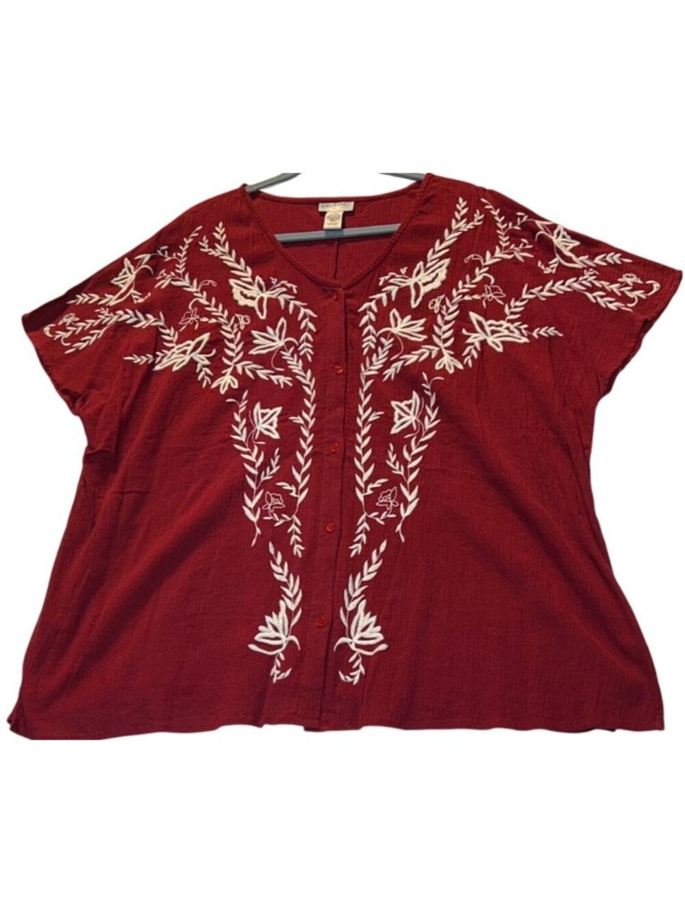 Catherines Womens Plus Size 1X Red Button Front Top With White Embroidery
